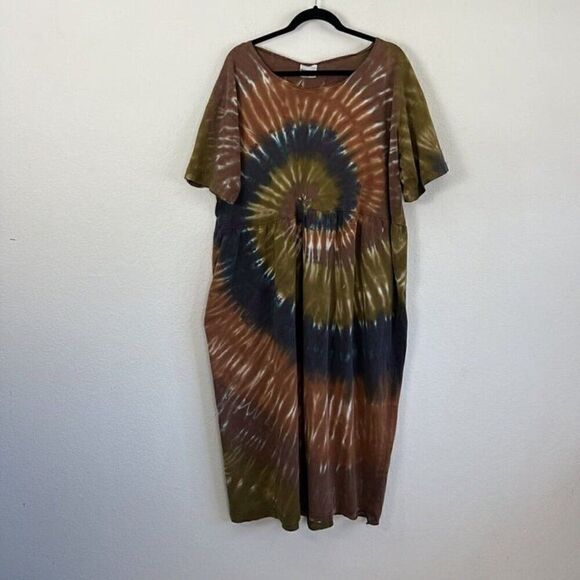 Peanut Punch Vintage 70s Tie-Dye Cotton Short Sleeve Midi Dress Free Size OS - Picture 1 of 10